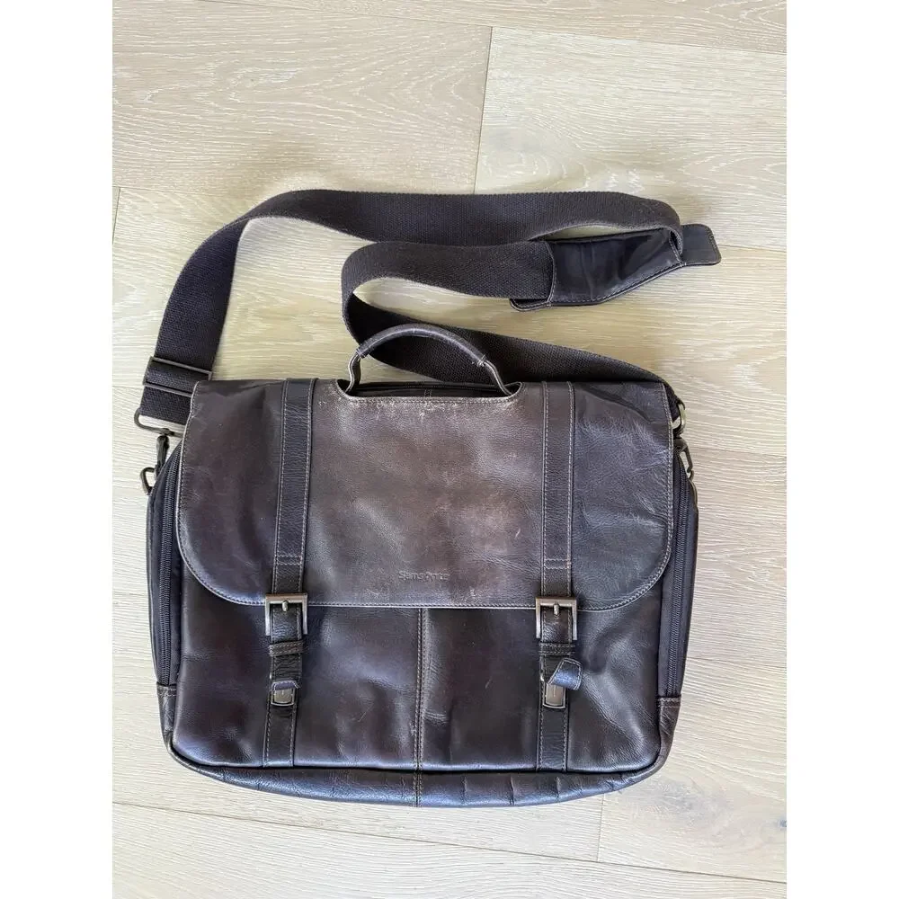 Samsonite Leather Fold Over Laptop Case Double Gusset Dark Brown Computer Bag